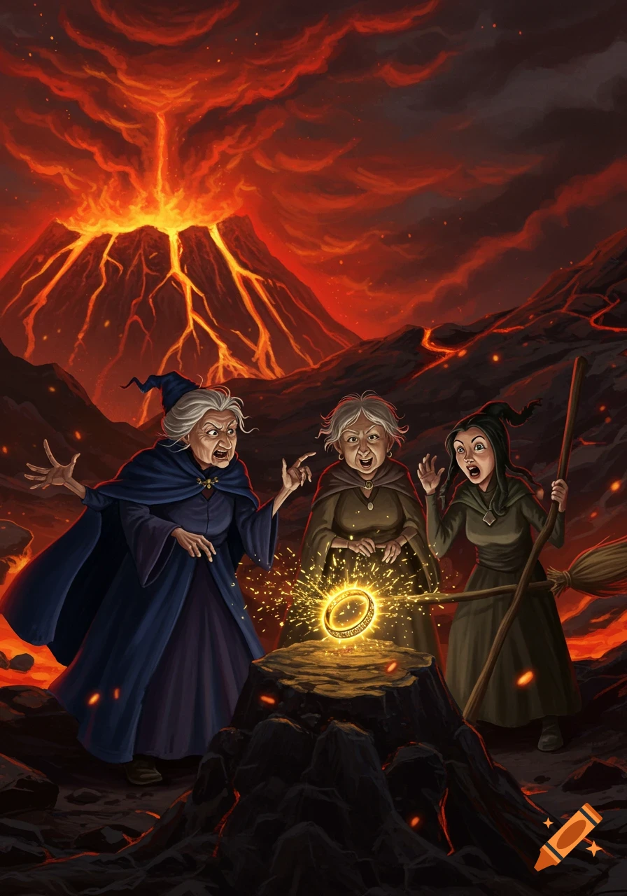 Three witches react to a glowing golden ring on a rock in front of an erupting volcano with a fiery red sky.