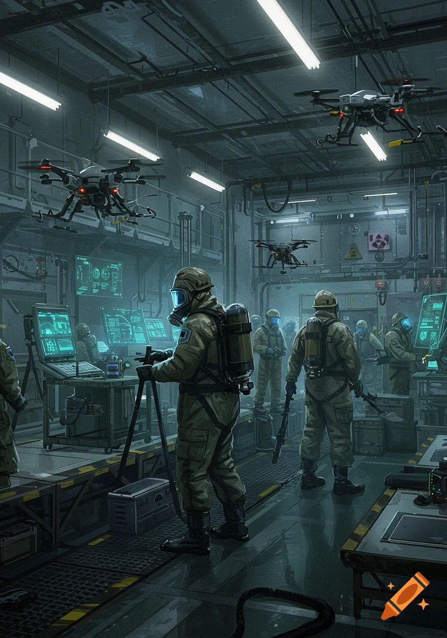 People in hazmat suits and gas masks monitor screens in a gloomy industrial facility with several drones flying overhead, depicted in a detailed sci-fi style.