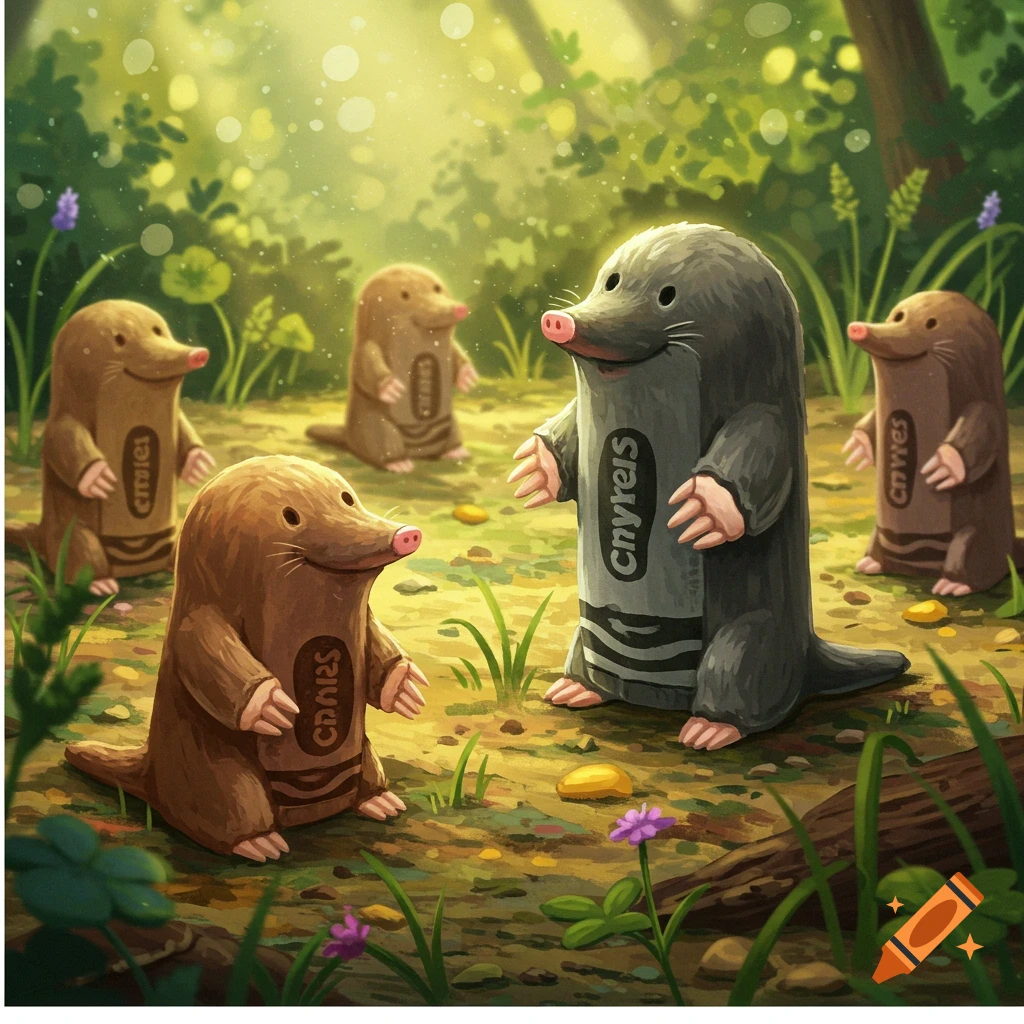 Whimsical illustration of five cartoon moles shaped like crayons standing on a sun-dappled forest floor.