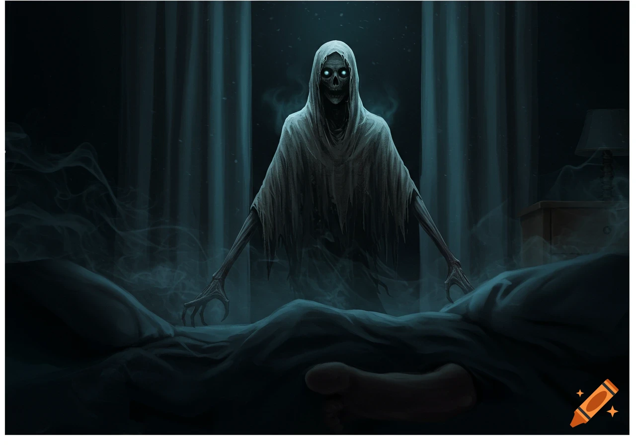 A skeletal, hooded ghost with glowing eyes looms over a bed in a dark, eerie bedroom, surrounded by mist.