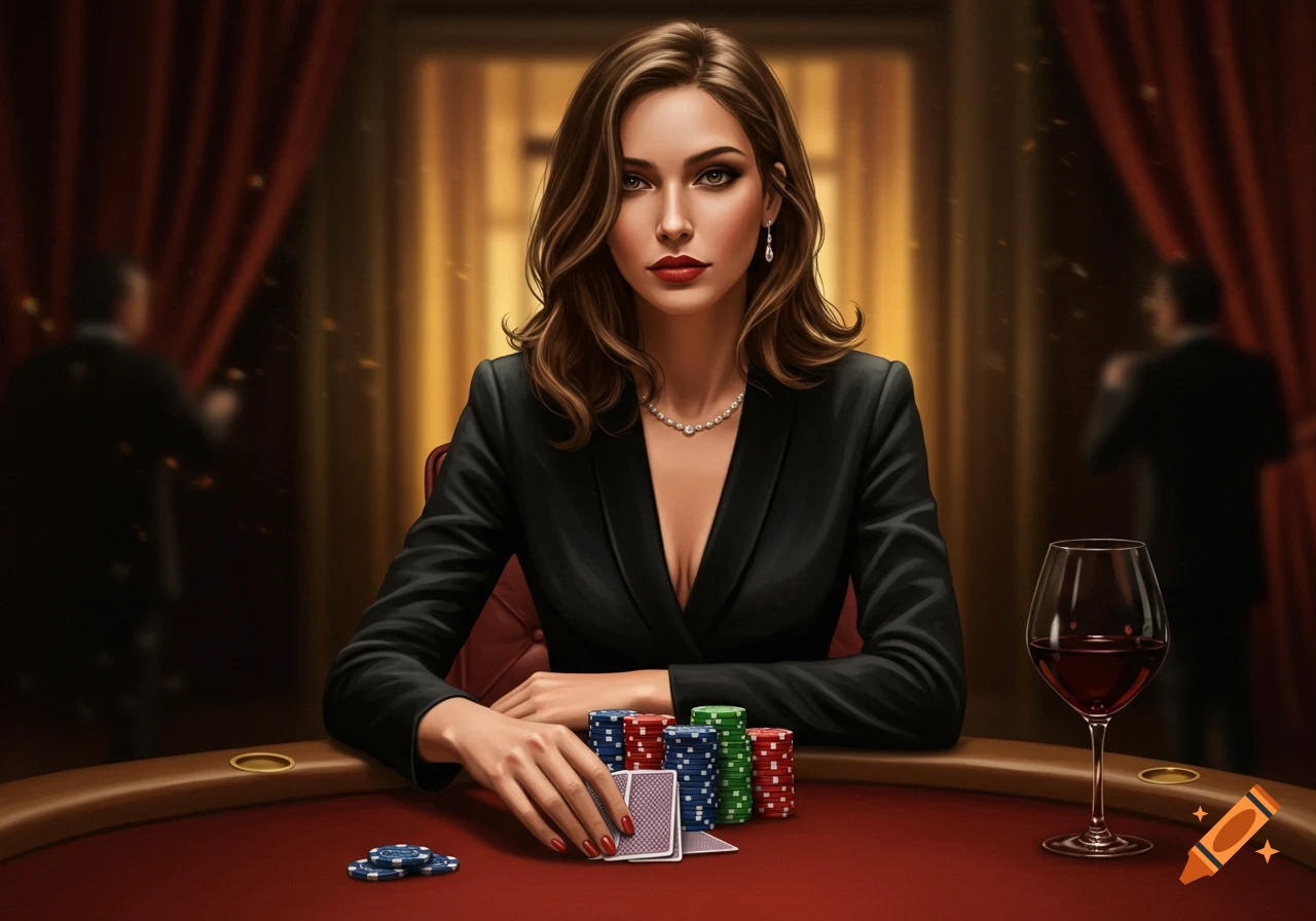 A photorealistic image of an elegant woman in a black suit holding poker cards at a red felt table with chips and a glass of red wine.