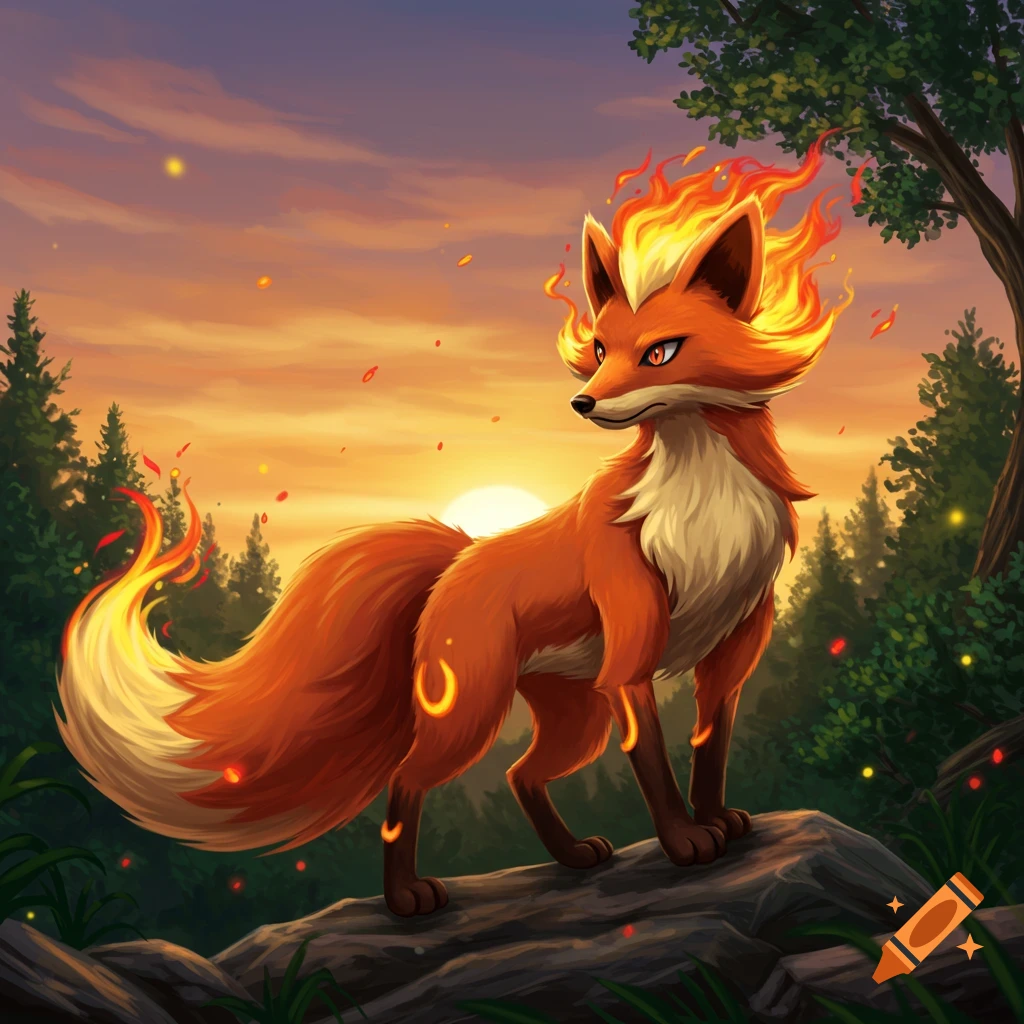 A digital art illustration of a stylized fire fox with a fiery mane and tail, standing on a rock in a forest at sunset.