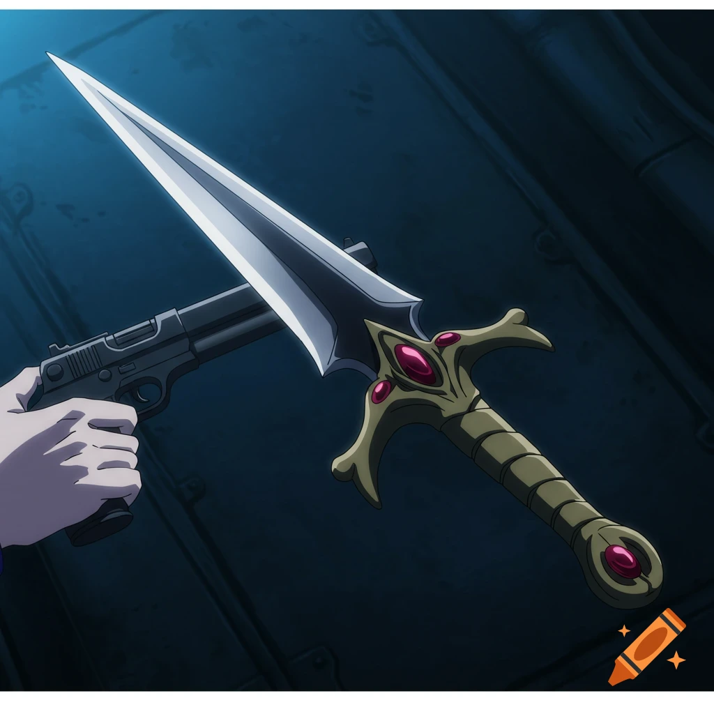 An anime illustration of a hand holding a gun, its barrel prodding an ornate dagger with a bone-shaped, red-jeweled crossguard.