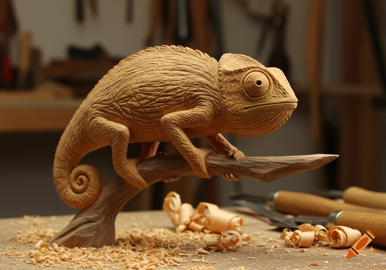 Close-up of a highly detailed wooden chameleon sculpture perched on a branch, surrounded by wood shavings and carving tools.