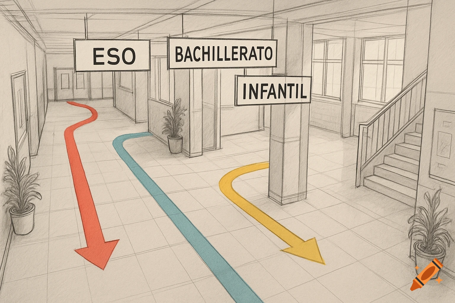 A detailed sketch of a school hallway with three colored arrows on the floor, pointing to hanging signs for 'ESO', 'BACHILLERATO', and 'INFANTIL'.