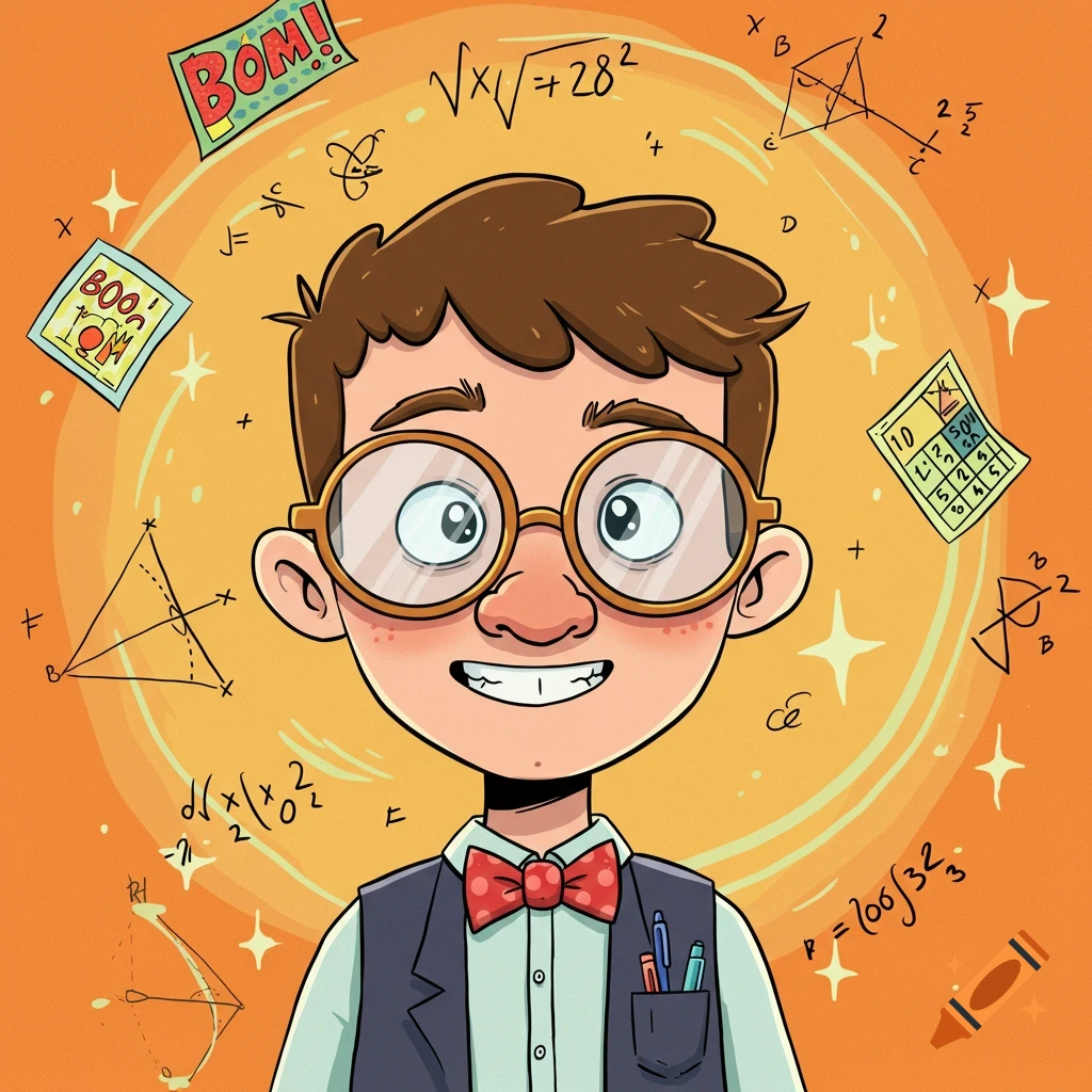 A smiling cartoon nerd with glasses and a bow tie, surrounded by various mathematical equations, geometric shapes, and comic sound effects on an orange background.
