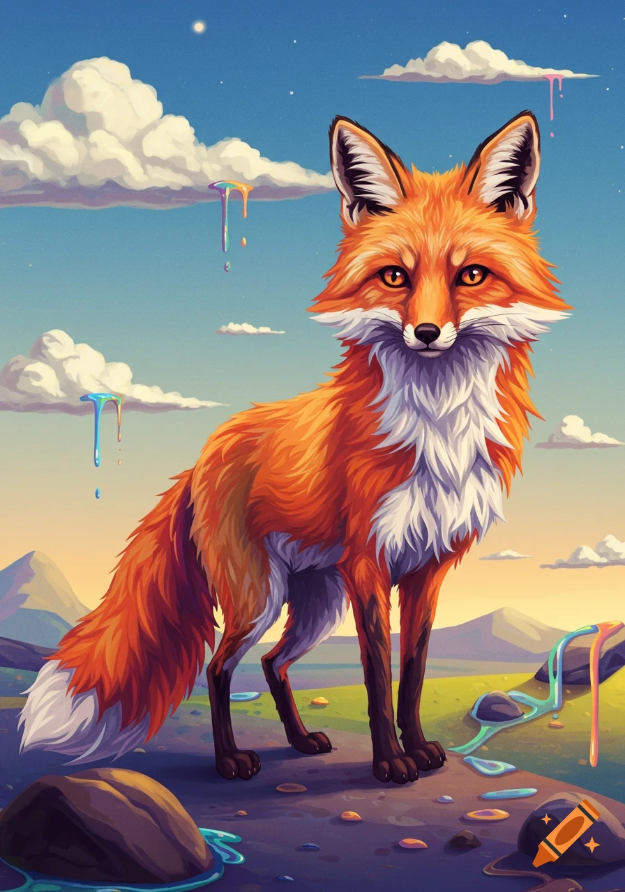 A whimsical, vibrant illustration of a fox standing in a surreal landscape with colorful melting clouds and rocks.