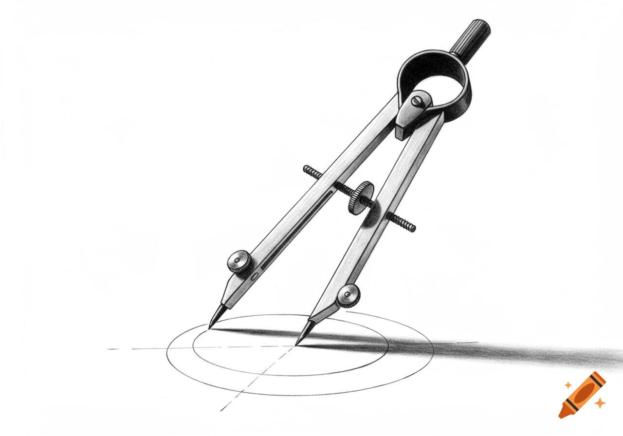 Black and white pencil drawing of a compass tracing concentric circles and axes on white paper.