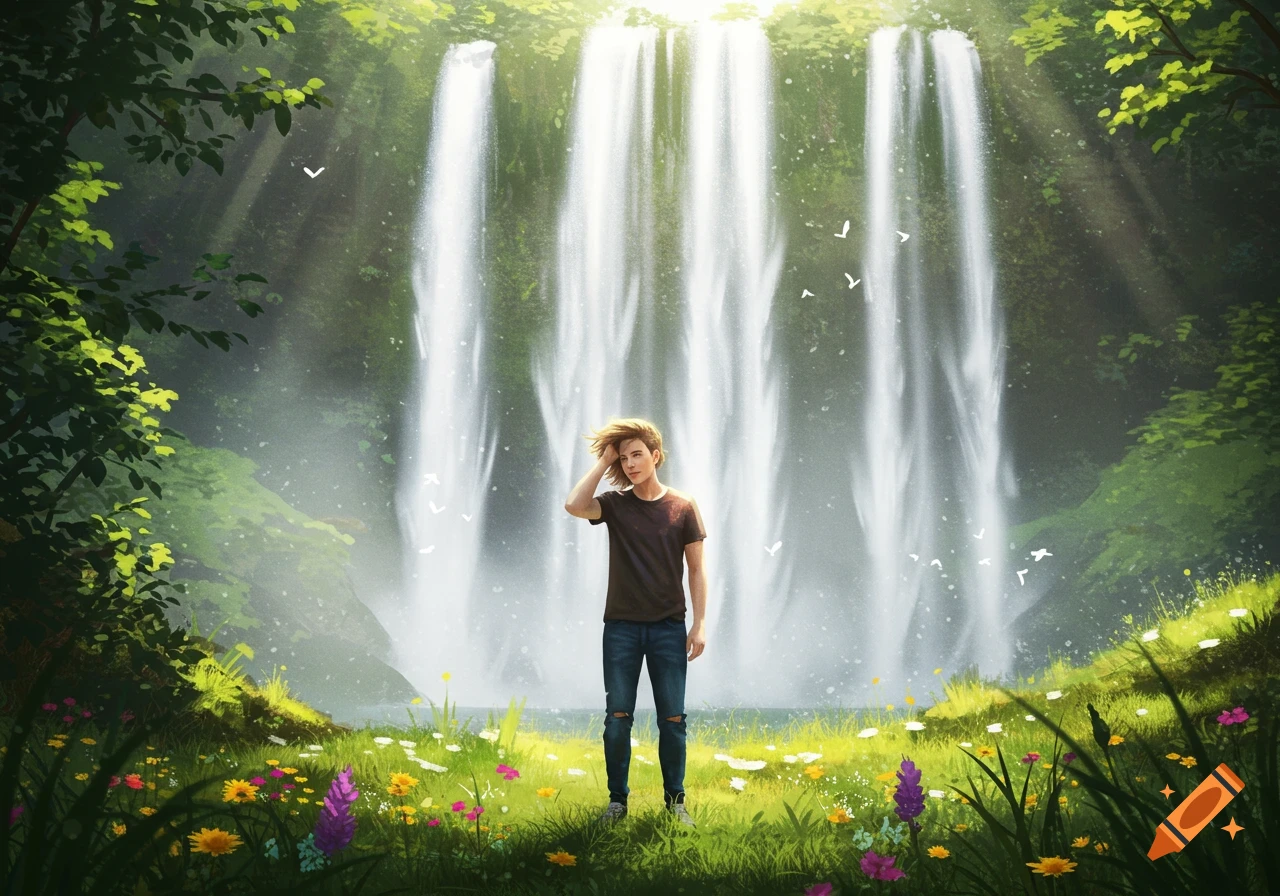 An illustration of a young person standing in a field of colorful flowers with a large waterfall and lush forest in the background.