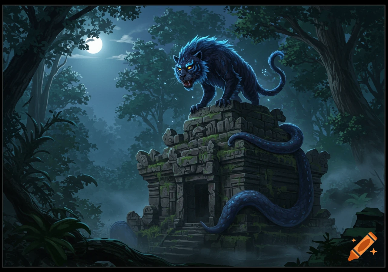 A glowing blue panther-like creature with a snake tail stands on ancient stone ruins in a moonlit jungle, fantasy art.