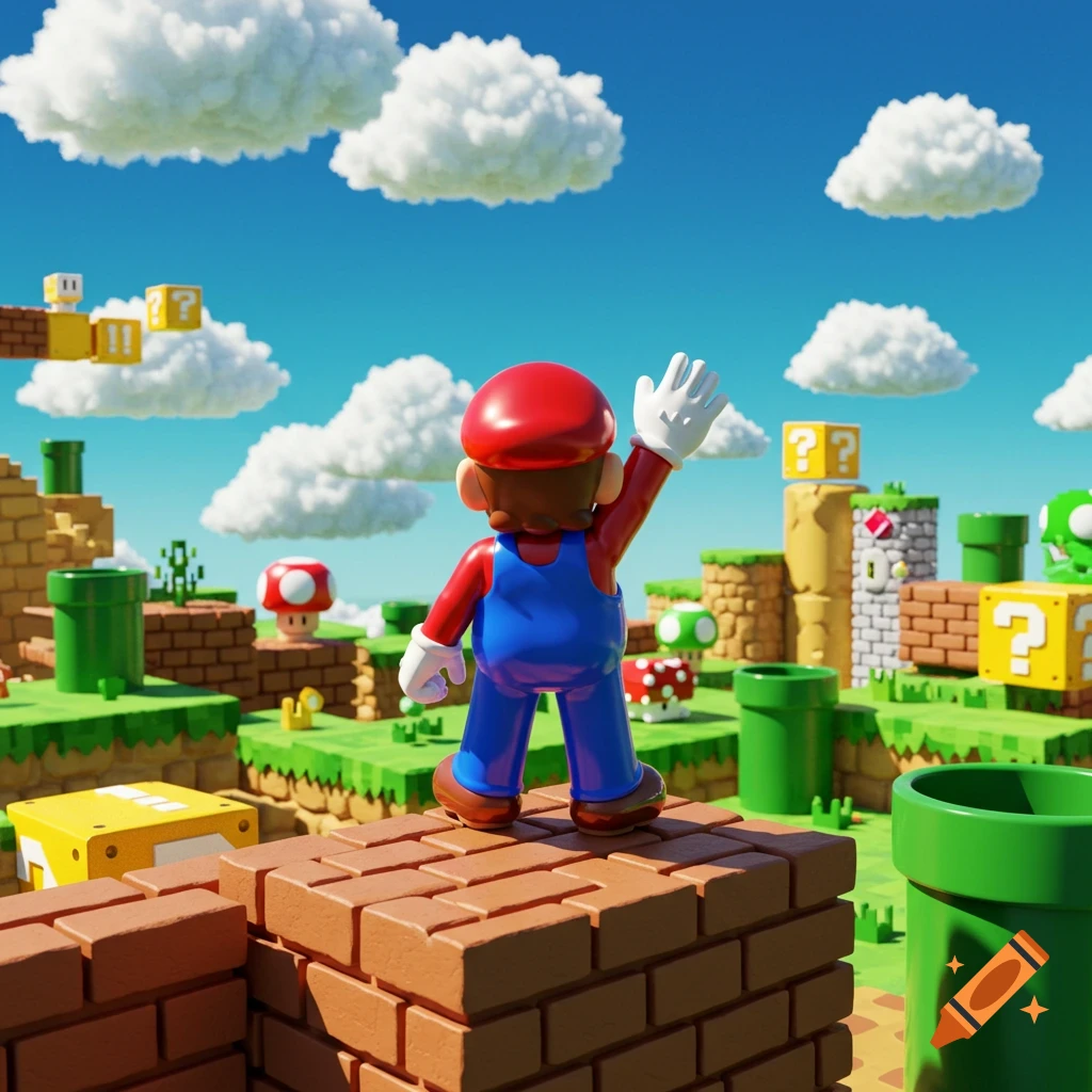 3D render of Mario from behind, waving, standing on a brick block in a vibrant Super Mario Bros. level with pipes, question blocks, and clouds.