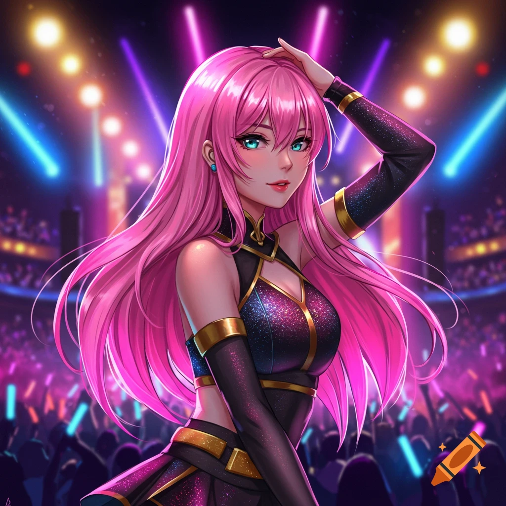 Anime girl with long pink hair and blue eyes in a sparkly dark stage outfit, posing under vibrant stage lights.