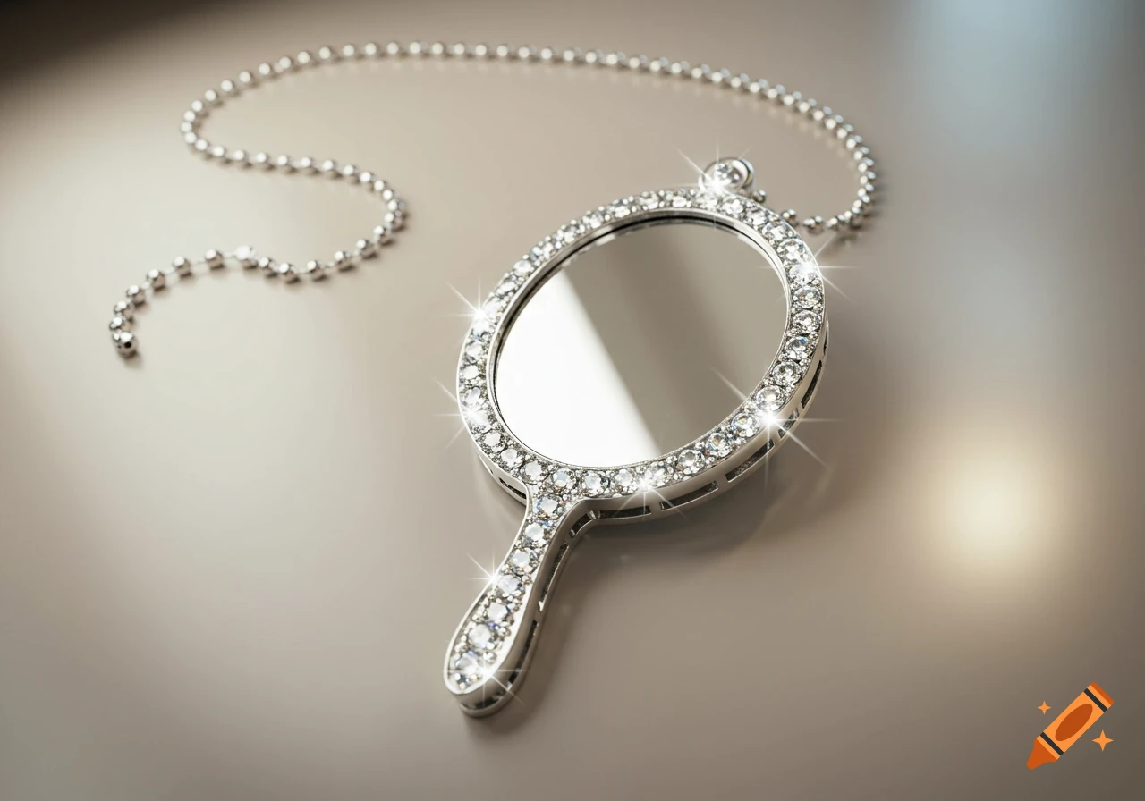 A luxurious silver hand mirror adorned with sparkling white gems and a silver bead chain, resting on a reflective surface.