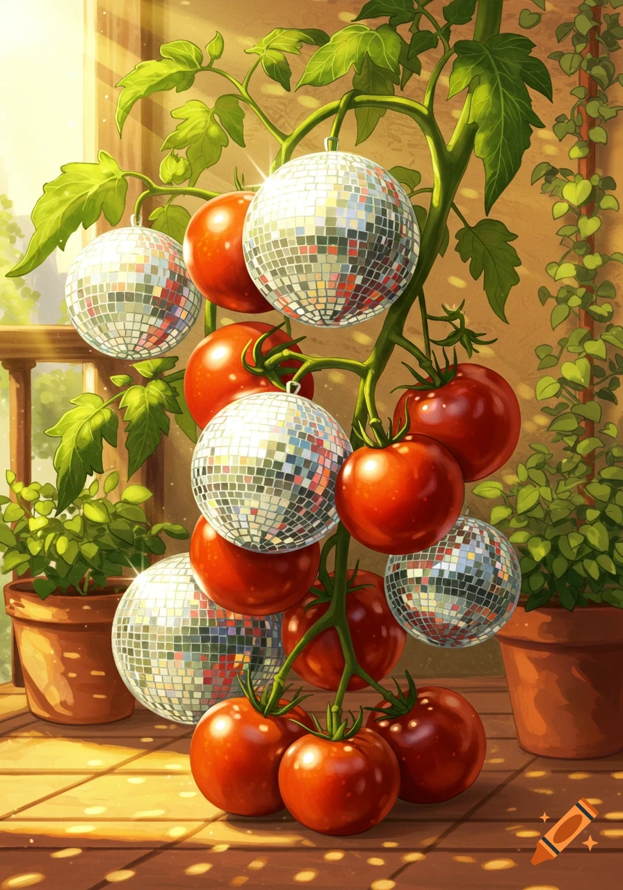 A vibrant illustration of a tomato plant with shiny disco balls replacing tomatoes, on a sunny balcony with potted plants.