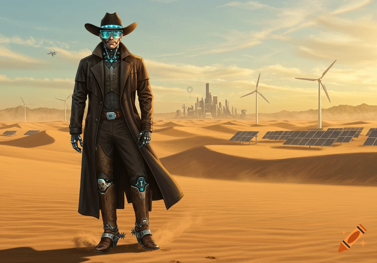A cyberpunk cowboy with glowing blue goggles and tech enhancements stands in a desert with solar panels, wind turbines, and a distant futuristic city under a bright sky.