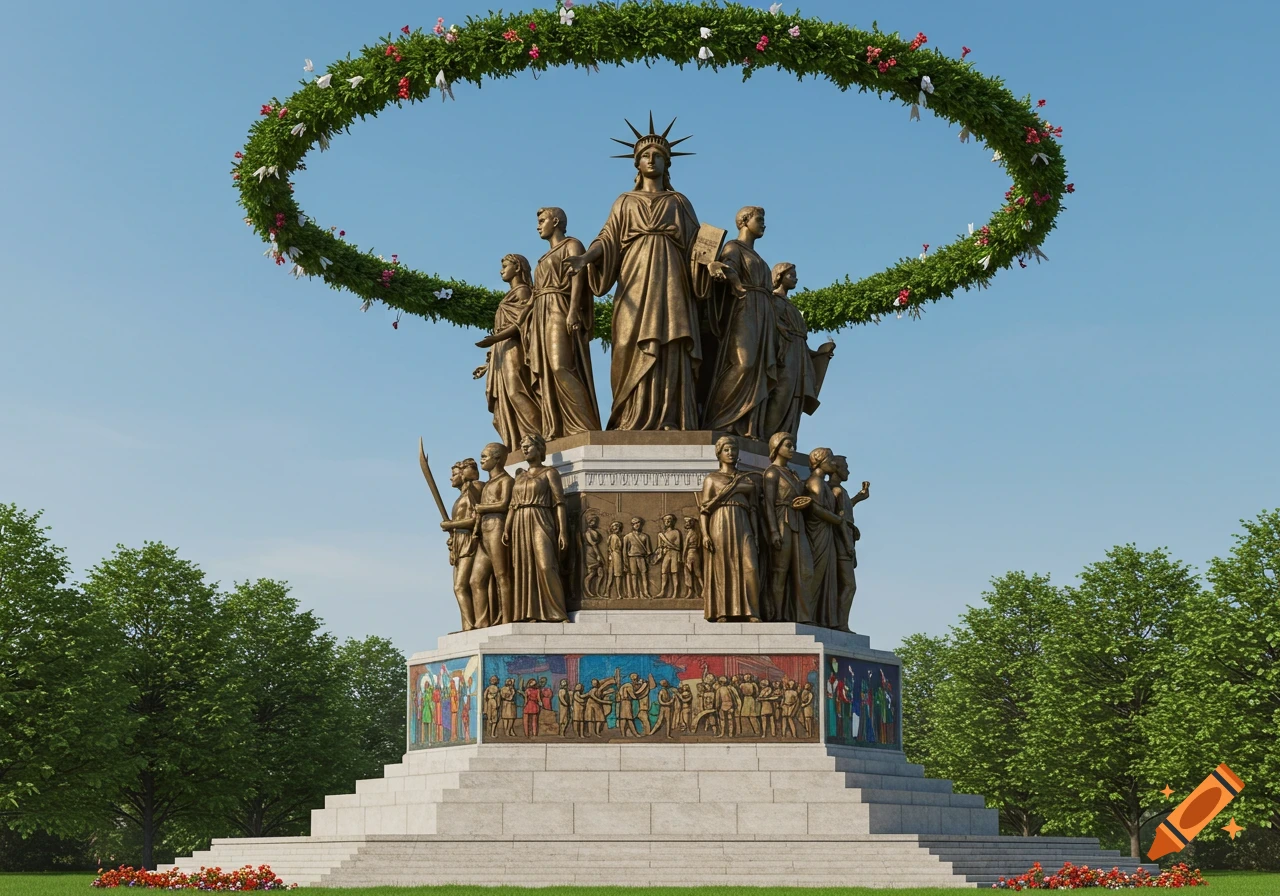 A large bronze monument featuring a central Statue of Liberty-like figure surrounded by diverse statues, topped with a floral wreath, in a park under a blue sky.