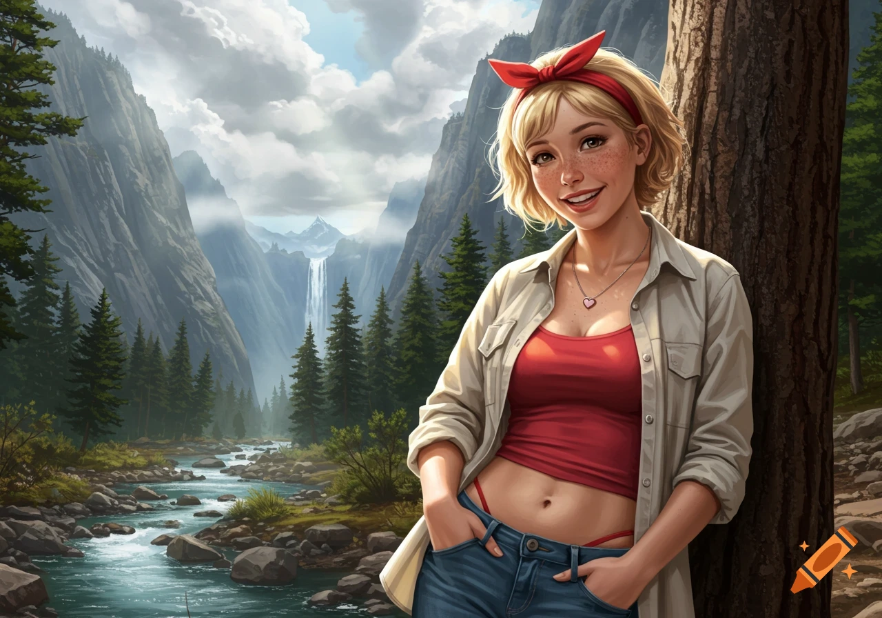 Photorealistic digital art of a smiling blonde woman with freckles leaning on a tree in a mountain valley with a river and waterfall.