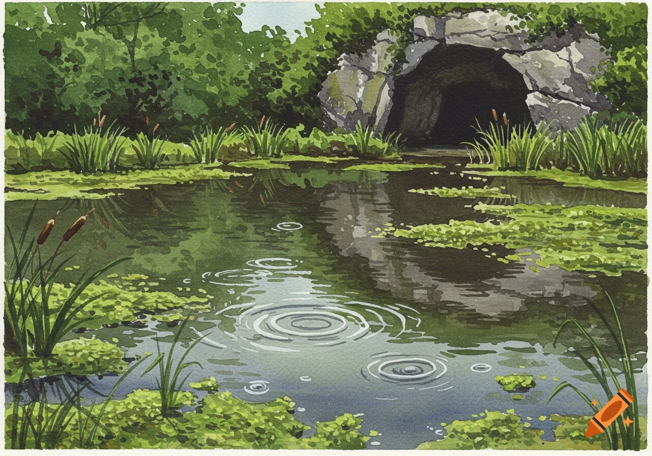 A watercolor painting of a muddy pond with algae, cattails, and a dark cave entrance on the right bank, with ripples in the water.