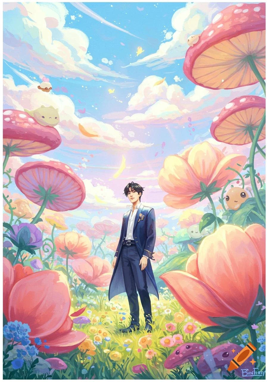 A man in a dark suit stands amidst a vibrant, fantastical wonderland with giant pink flowers, mushrooms, and cute creatures under a blue sky.
