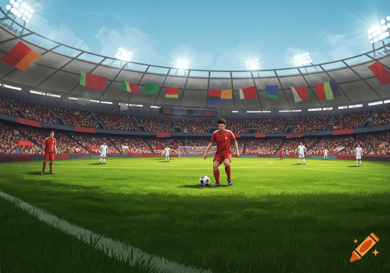 An illustrated view of a soccer match in a large stadium, with a player in red dribbling the ball on a green field.