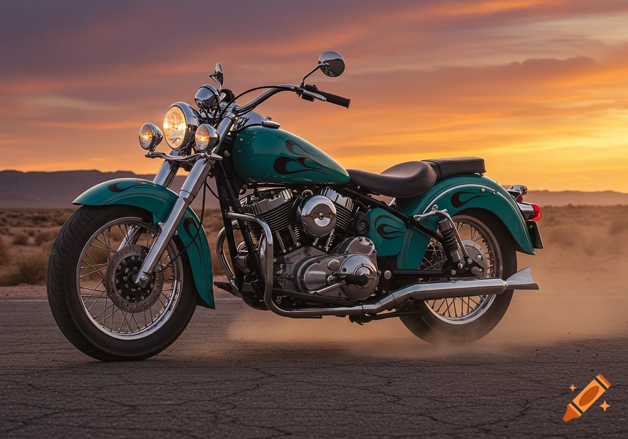 A teal motorcycle with black flame decals drives on a desert road at sunset, kicking up dust.