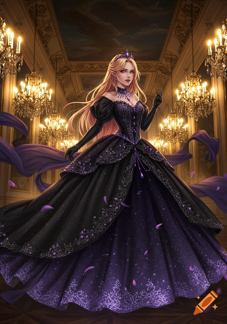 An anime princess with long blonde hair and a crown, wearing a black and purple ball gown, stands in a grand hall with chandeliers.