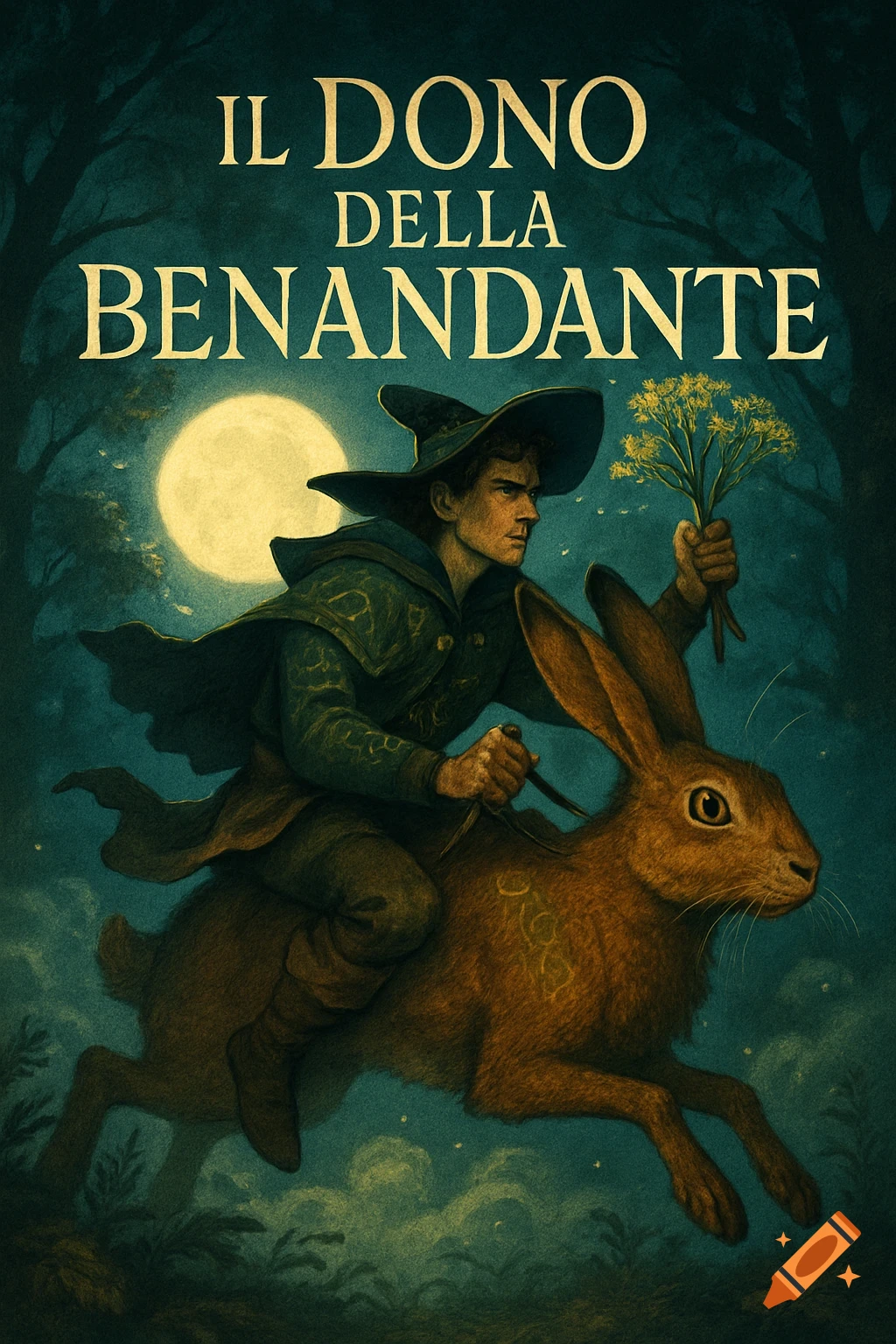 A male witch riding a giant hare through a dark forest under a full moon. The book cover title is "Il Dono Della Benandante".
