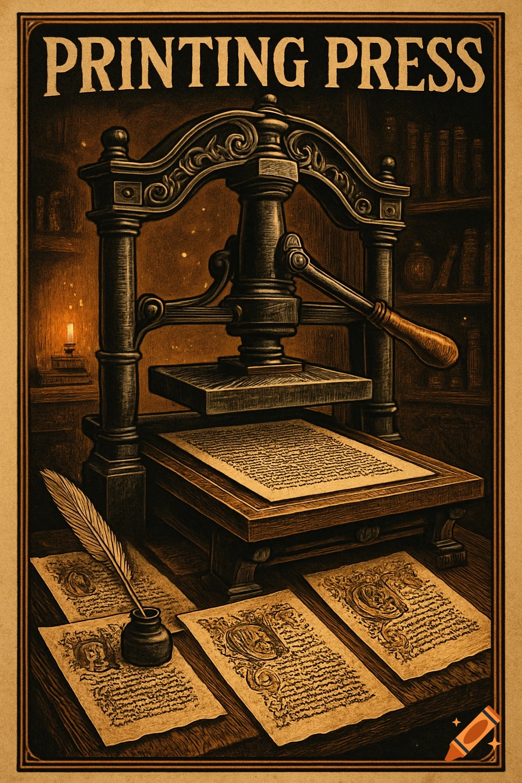 An old-style poster with an ornate printing press, quill, inkwell, and printed papers on a wooden table, in a warm, dark, vintage illustration style.