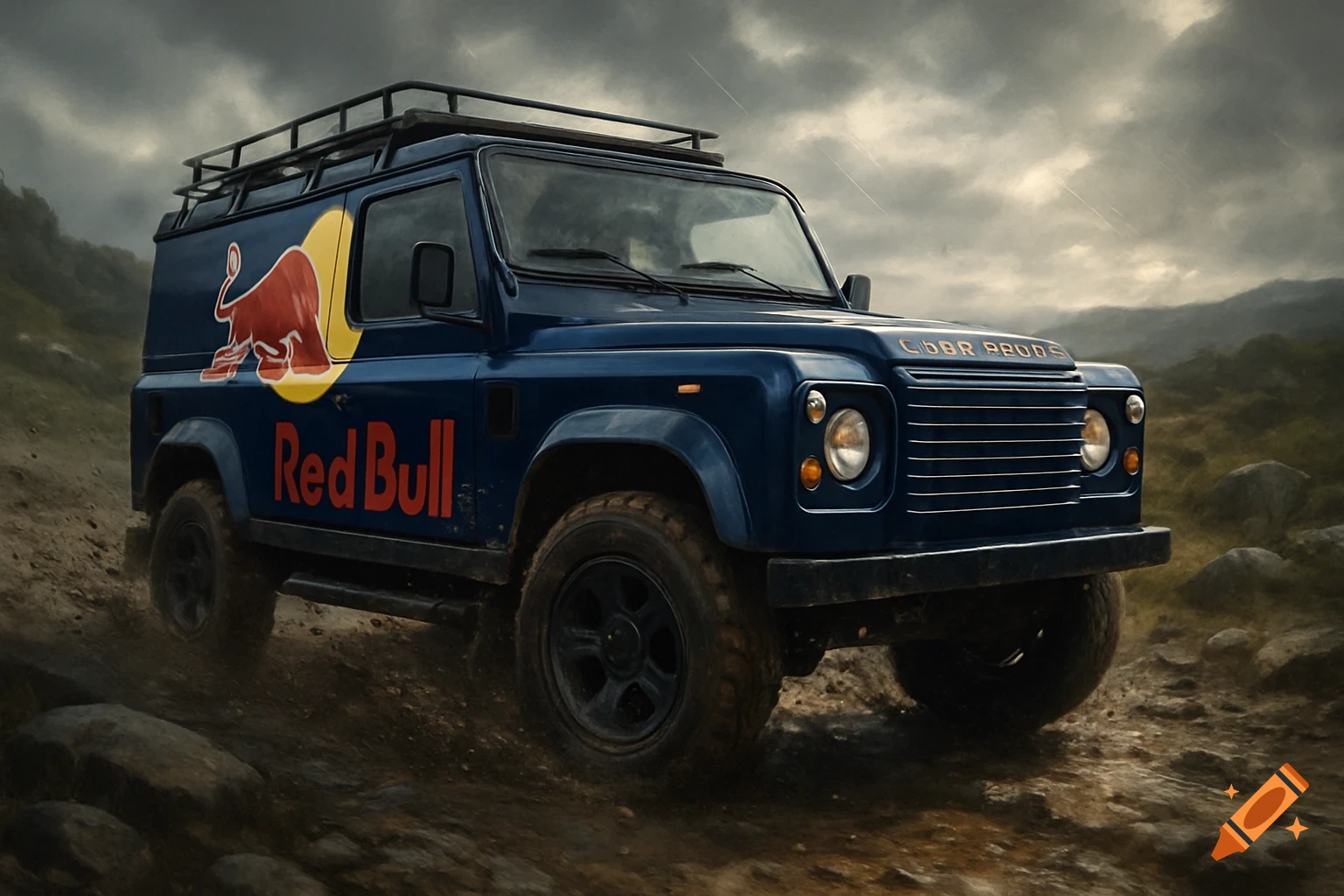 A dark blue Land Rover Defender with a Red Bull logo and text on its side, driving on a muddy, rocky path under a dramatic, cloudy sky.