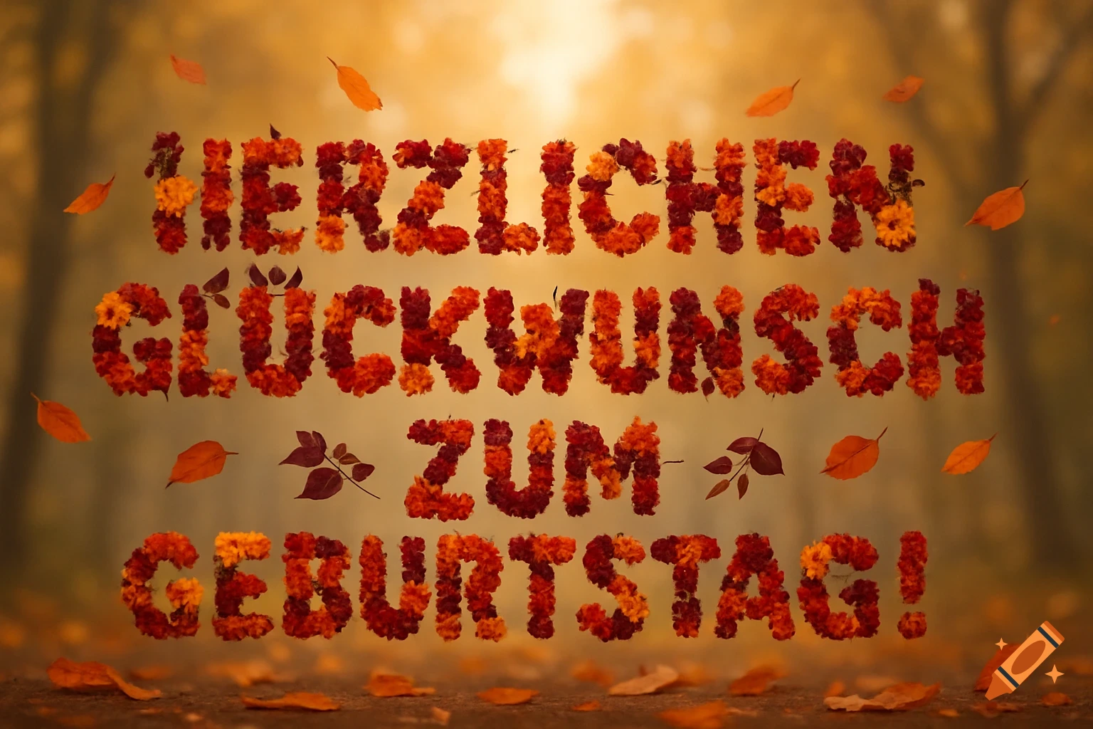 Text 'Herzlichen Glückwunsch zum Geburtstag!' formed by colorful autumn flowers and leaves in a sunny forest.