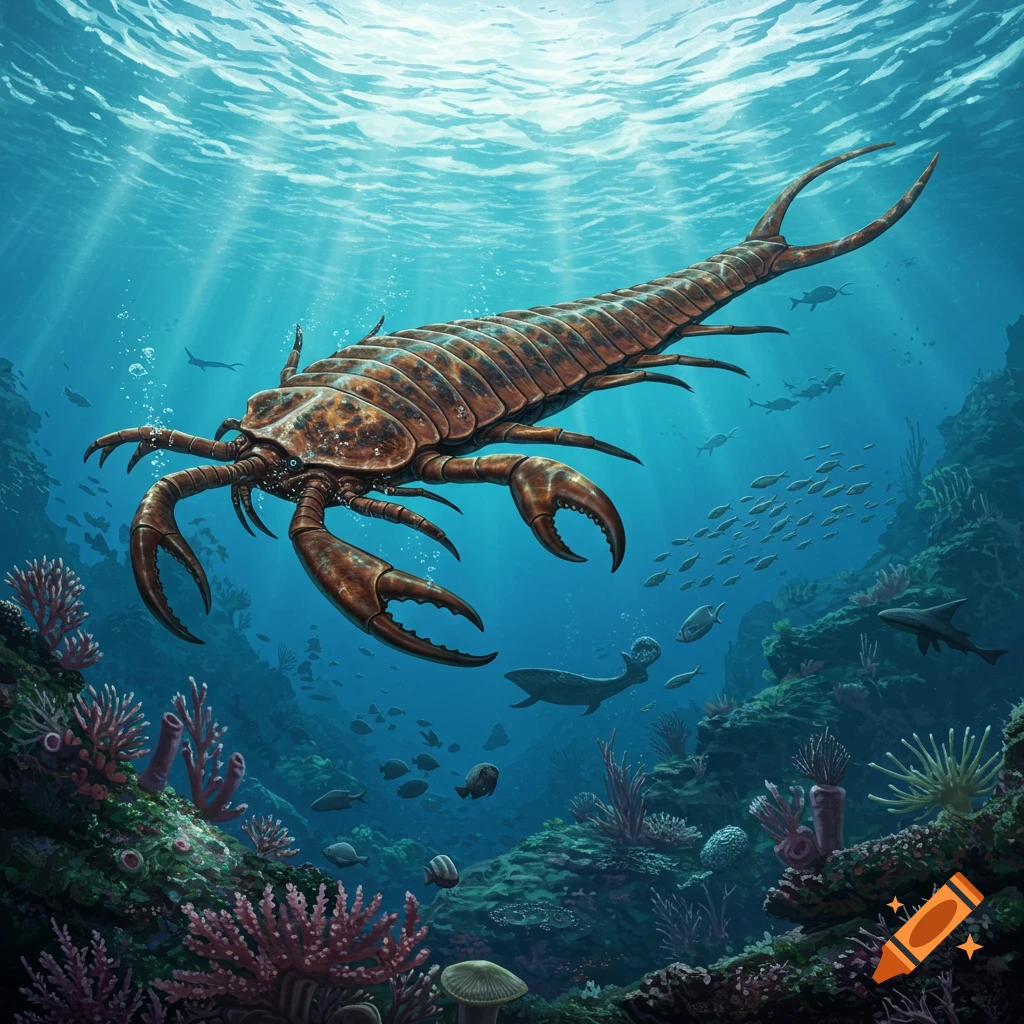 A large, brown eurypterid, or sea scorpion, with prominent claws swims through a vibrant underwater coral reef filled with fish.