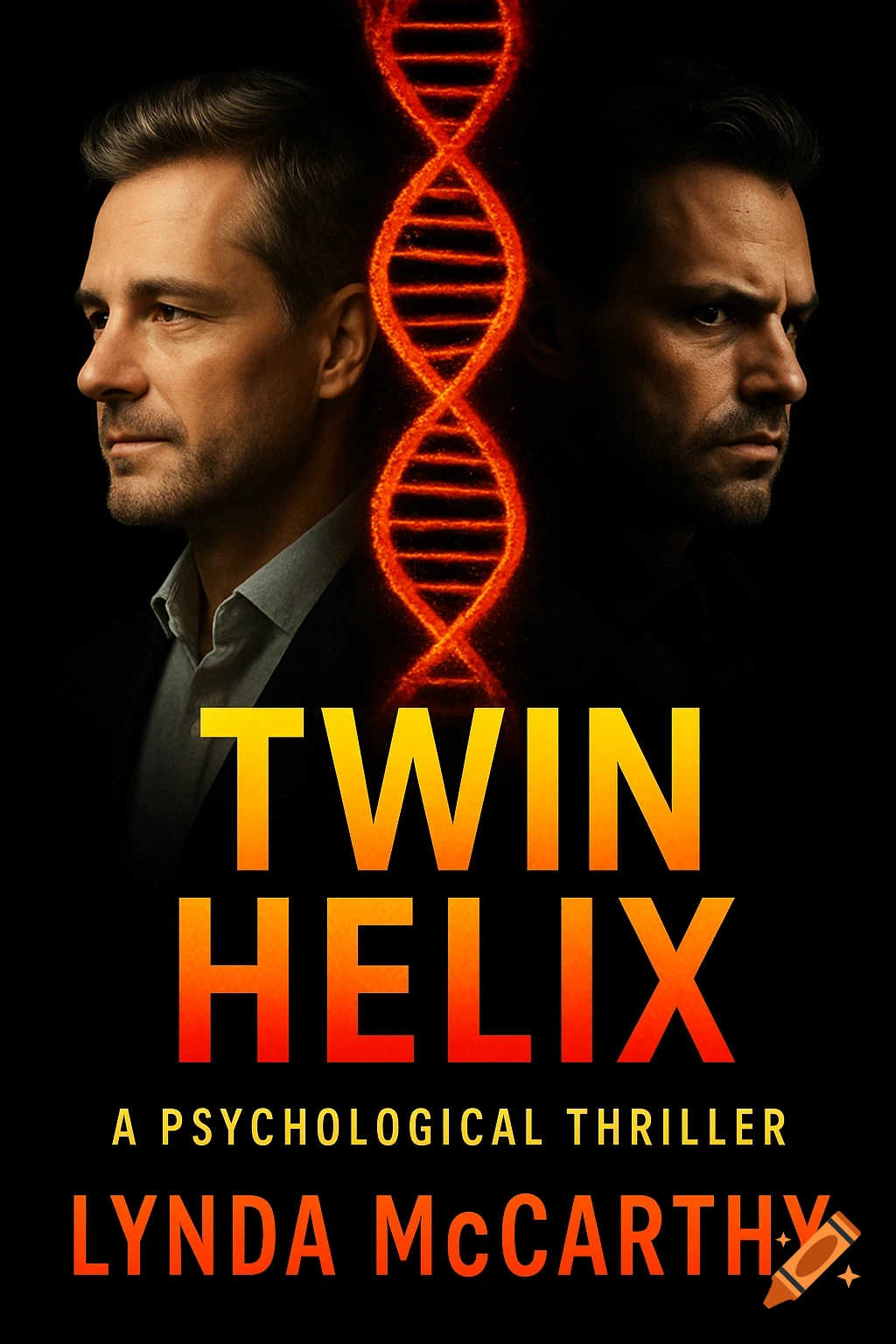 Dark book cover for 'Twin Helix' featuring two men's profiles looking away from a glowing red DNA helix, with text.