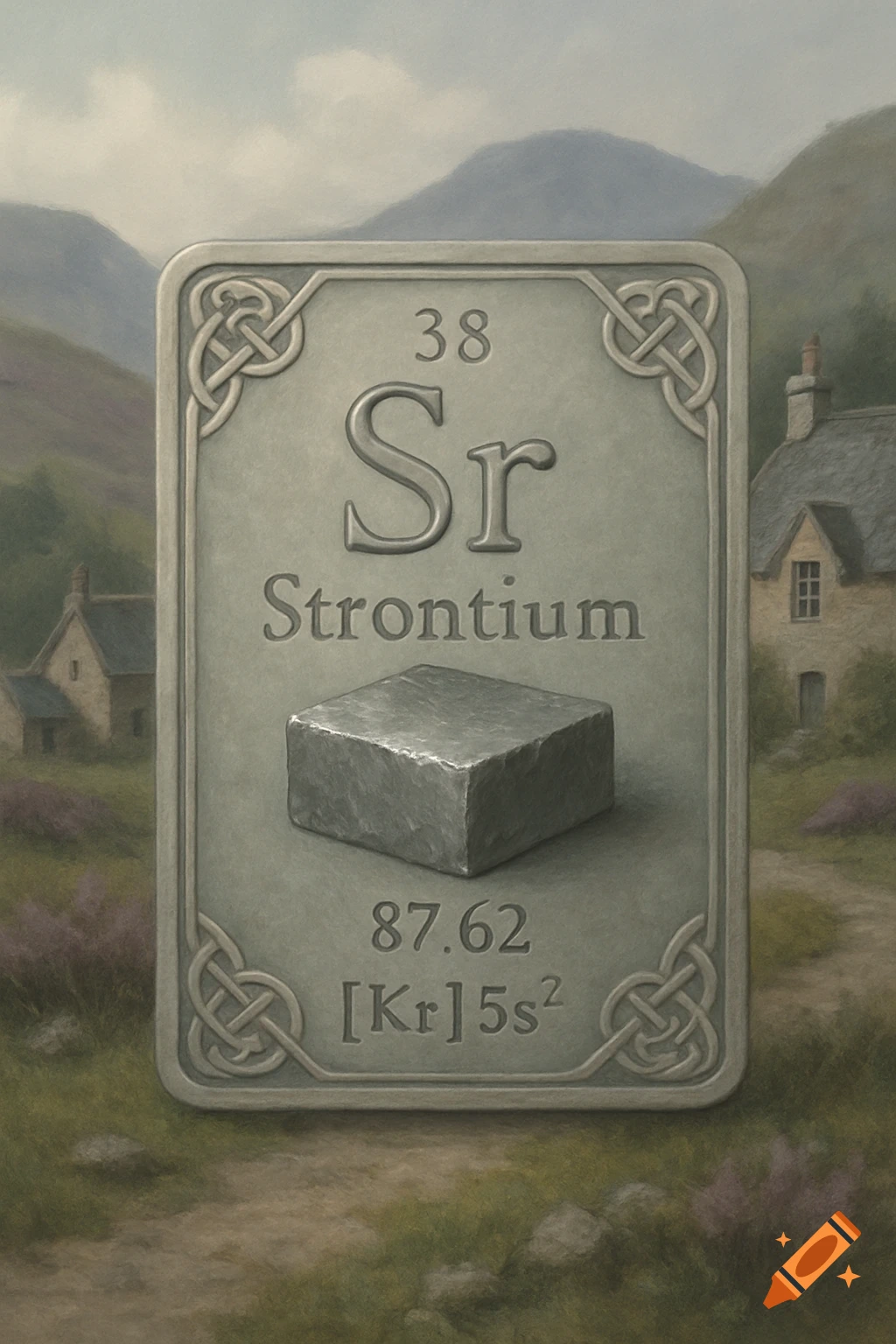 A stylized medieval-style card for the element Strontium, with atomic number 38, symbol Sr, and atomic mass 87.62, set in a Scottish village landscape.