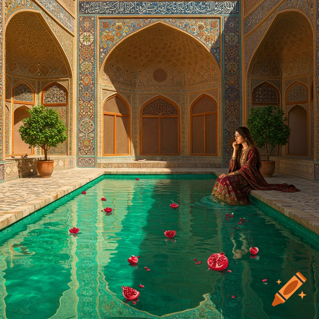 A woman in a patterned dress sits by a turquoise pool with floating pomegranates in a richly decorated Persian courtyard.