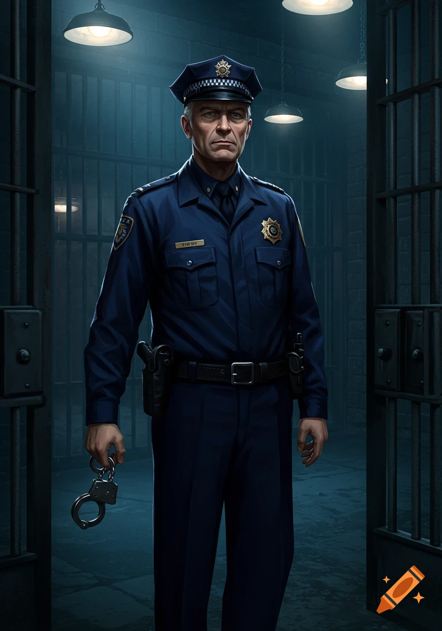 A photorealistic depiction of an older police officer in a dark blue uniform and cap, holding handcuffs in a dimly lit jail cell.