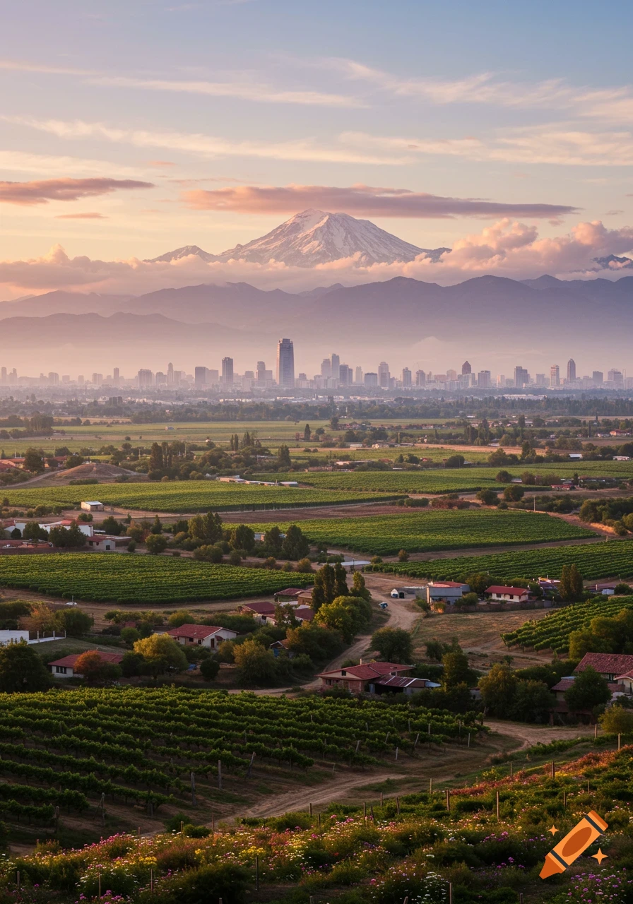 Photorealistic wide shot of green vineyards and scattered houses leading to a distant city skyline and snow-capped mountains at sunrise.