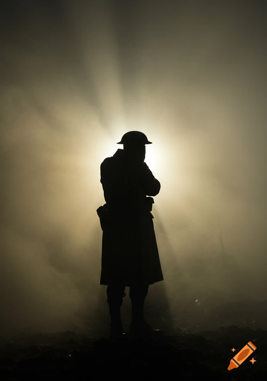 Silhouette of a WWI soldier with hands near their face, standing in a foggy, dimly lit environment.