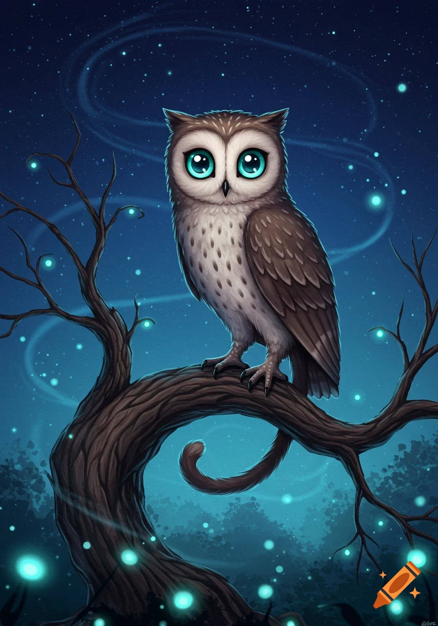 A cute, stylized owl with big blue eyes perches on a gnarled tree branch in a magical night forest with glowing blue lights.