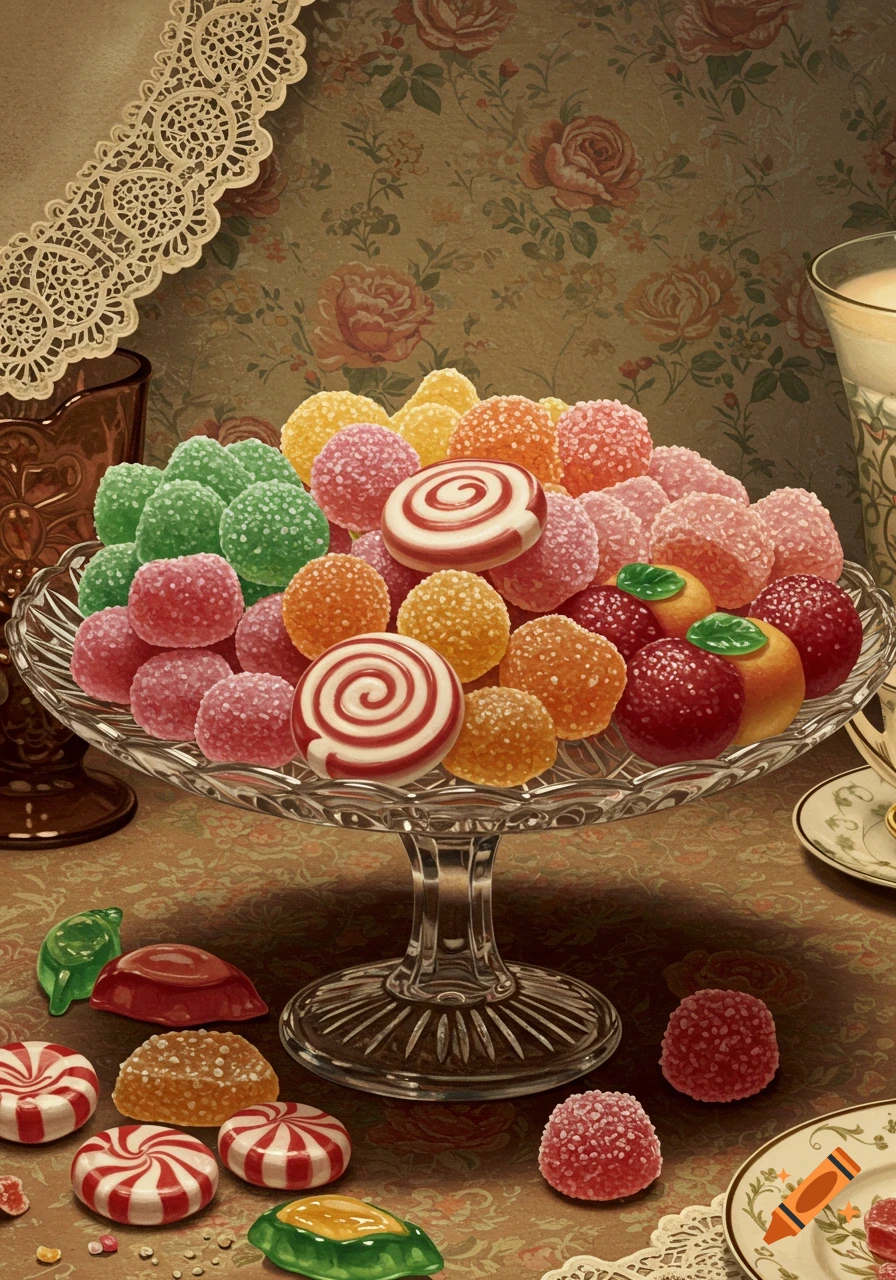 A vibrant array of colorful candies in a glass pedestal dish and scattered on a patterned tablecloth.