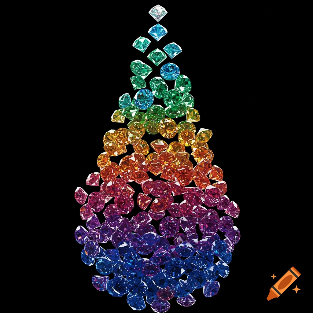 A teardrop shape made of many faceted diamonds in a rainbow gradient from white to blue, on a black background.