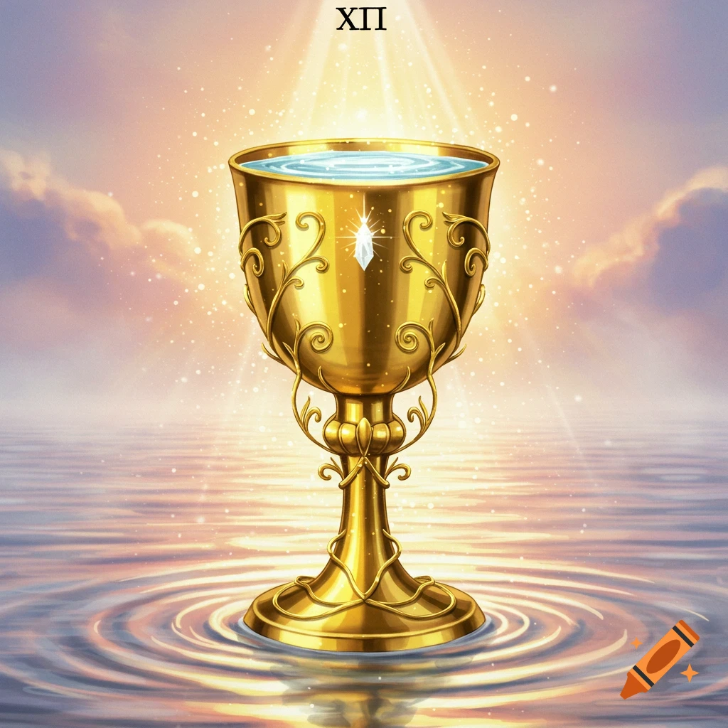 A radiant golden chalice filled with water, emitting light and standing in reflective water with ripples under a cloud-strewn sky.