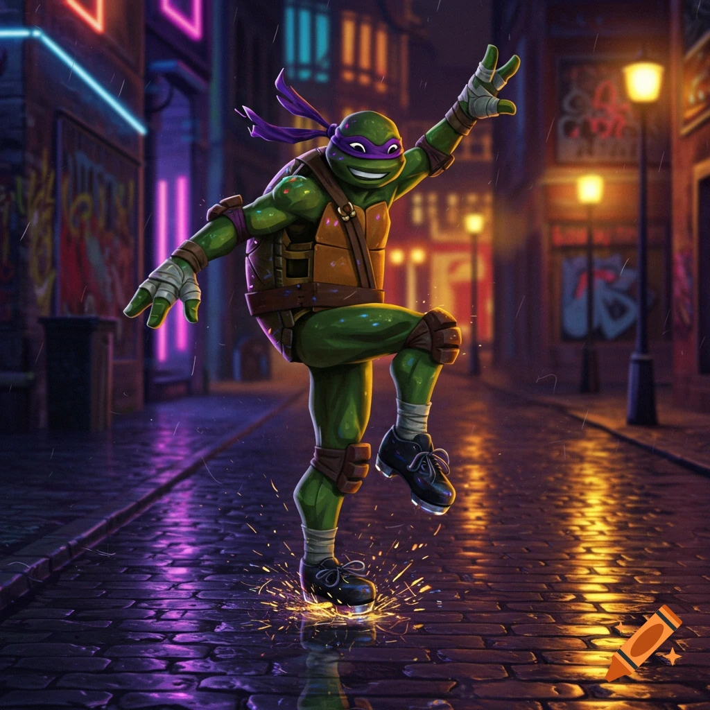 Donatello tap dances in a neon-lit city alley at night, sparks flying from his black tap shoes.