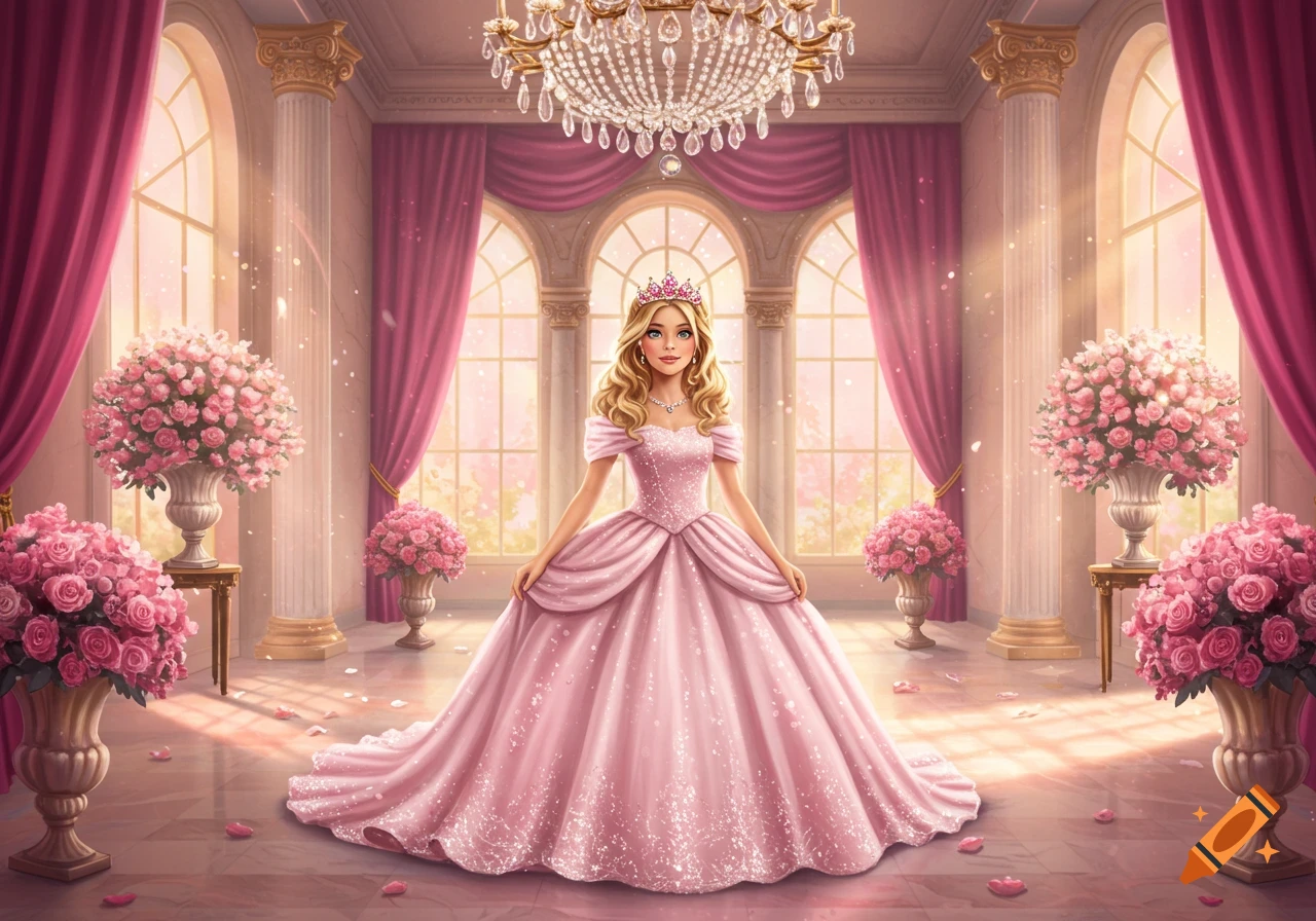 A beautiful princess in a sparkly pink ball gown and tiara stands in an elegant pink ballroom filled with roses.