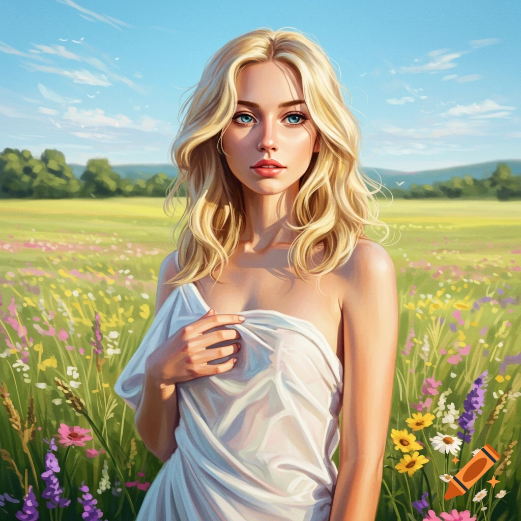 A digital art portrait of a beautiful blonde woman with blue eyes and wavy hair, wearing a white sheer dress, standing in a vibrant field of wildflowers under a clear blue sky.