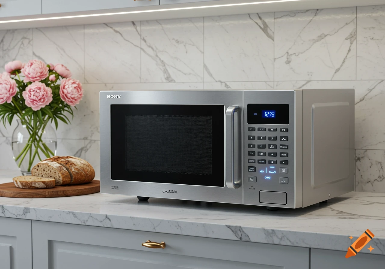 A silver Sony microwave on a white marble countertop in a kitchen, next to sliced bread and pink peonies in a vase. Photorealistic.