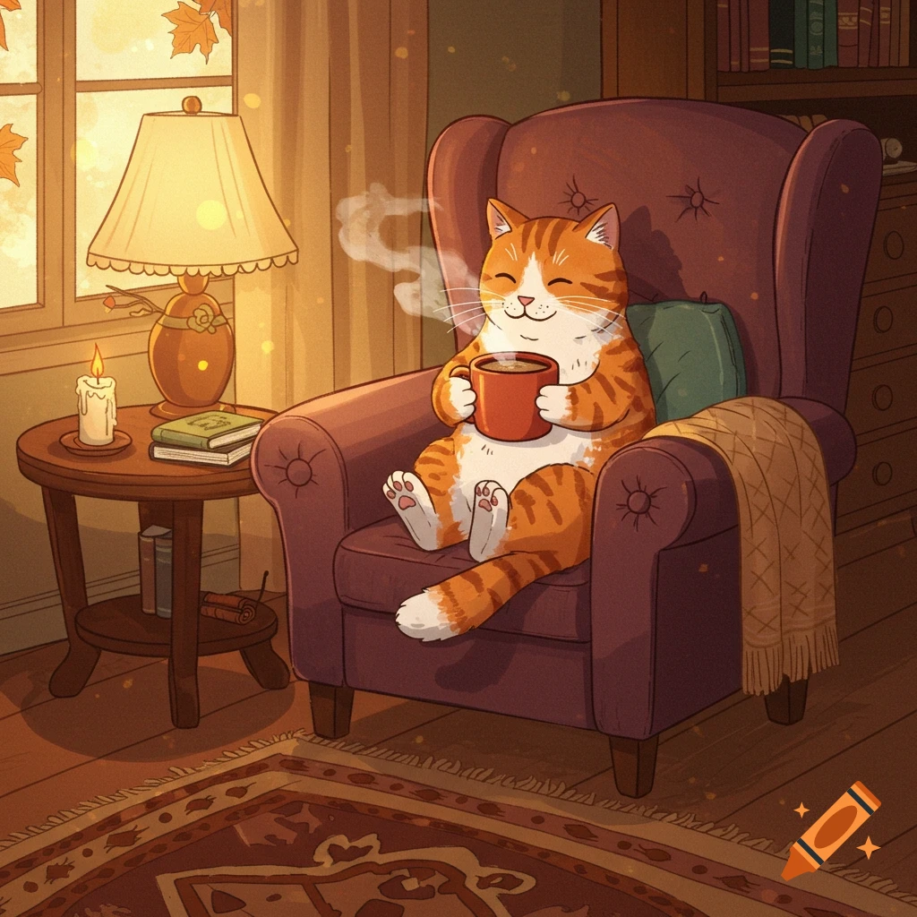 A cartoon orange tabby cat sits cozily in a purple armchair, sipping coffee by a window with autumn leaves.