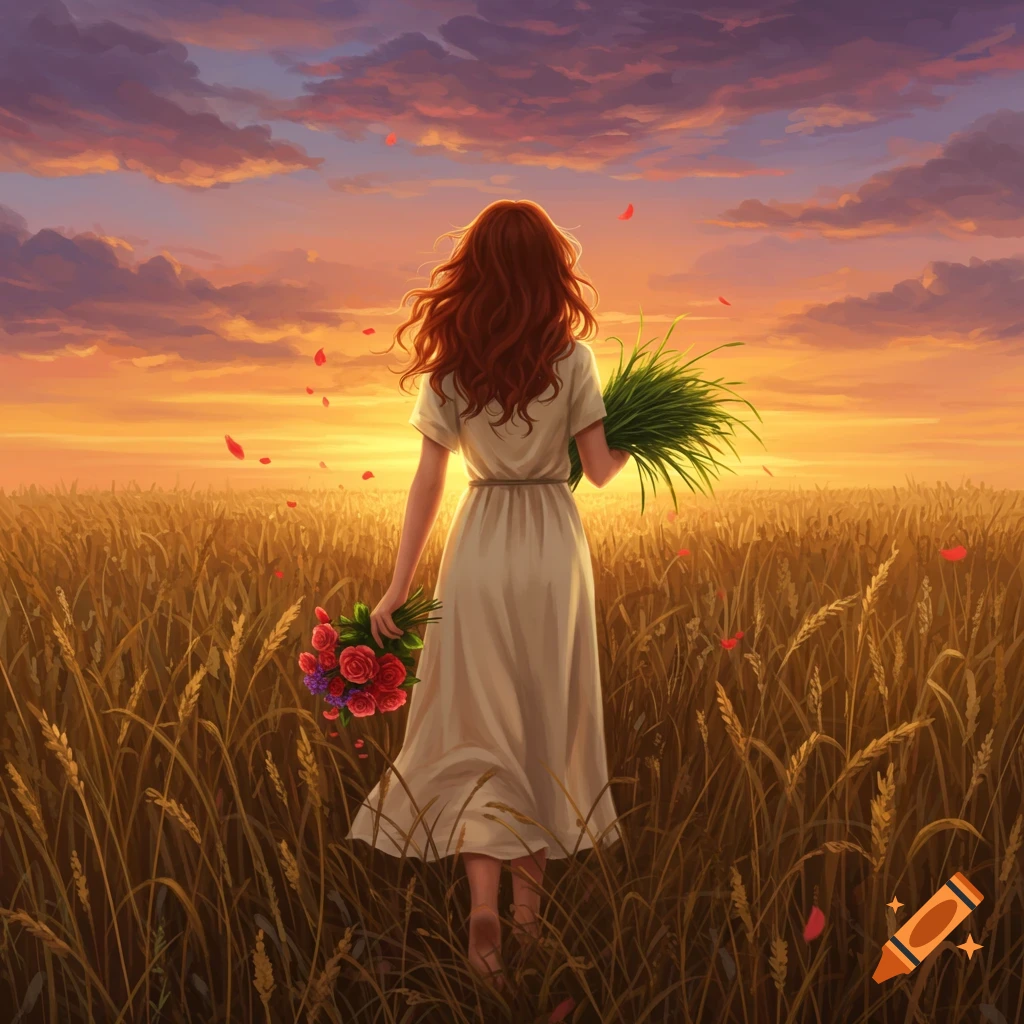Digital painting of a red-haired woman walking through a golden wheat field at sunset, holding roses and grass.