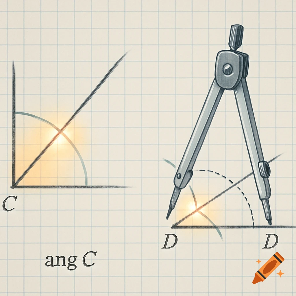 Geometric diagram showing angle construction using a compass on grid paper, labeling angles C and D.