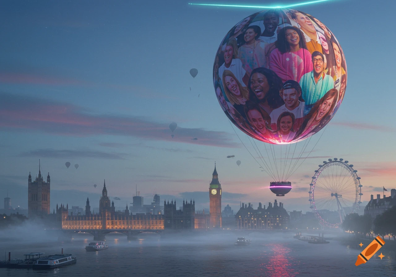 A large hot air balloon covered in smiling faces floats over a misty London cityscape at dusk, featuring Big Ben and the London Eye.
