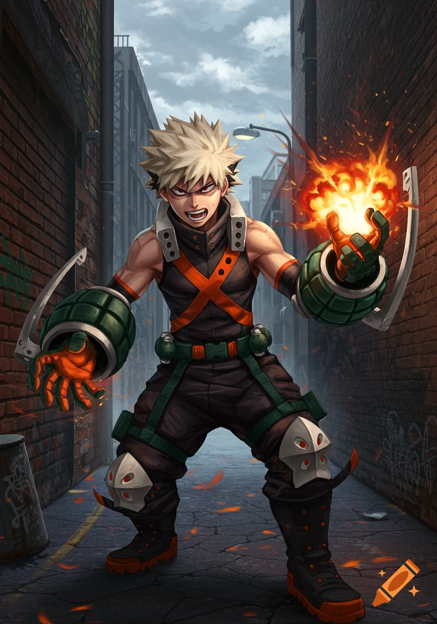 Anime illustration of Bakugo from My Hero Academia, with an angry expression and one hand ablaze with fire, standing in a dark alleyway.